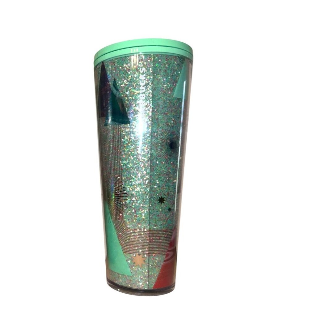 Starbucks 24 Oz Glitter Cold Cup Tumbler Green Lid With Holiday Design Made In C